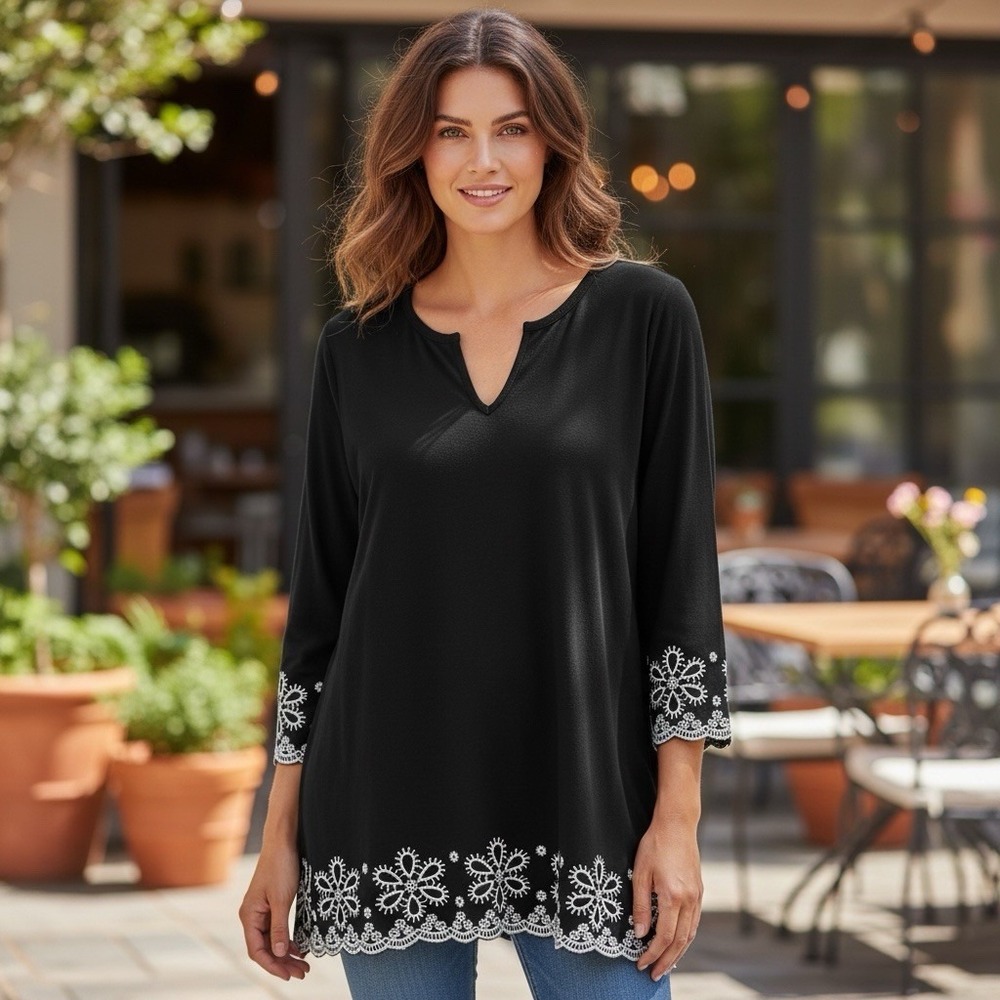Talbots Women's XL Tunic Tee Embroidered Black